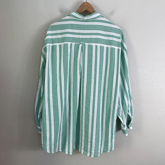 Old Navy Womens XL Boyfriend Shirt Green White Vertical Stripe Button Up Blouse - Picture 9 of 10